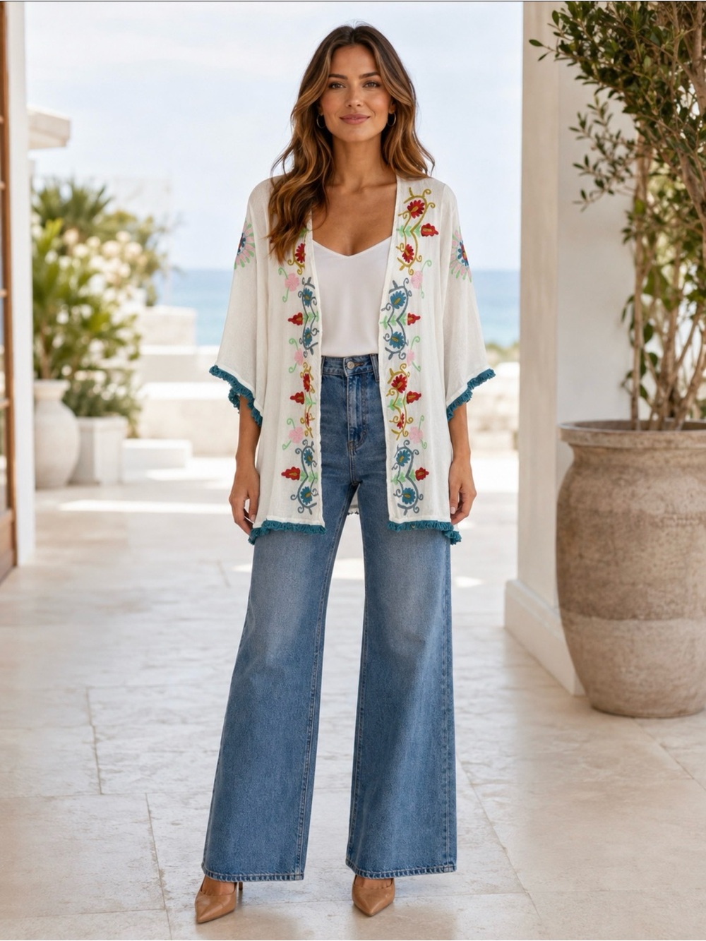 South Main Embroidered Floral Fringe Kimono Ivory L/XL Rayon Boho